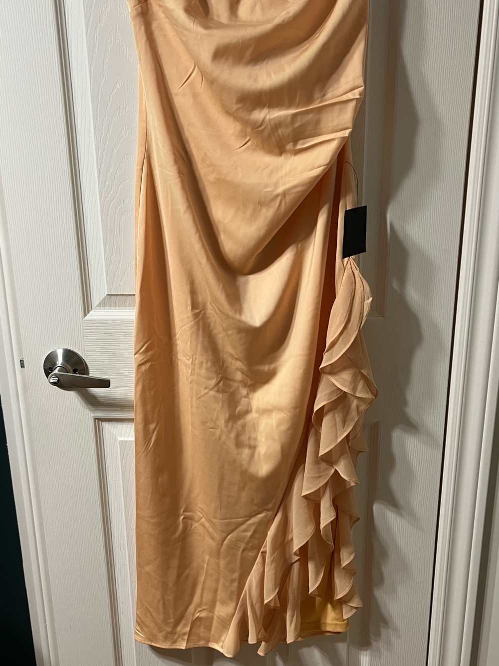 Peach Yellow Ruffle Draped Strapless Midi Dress